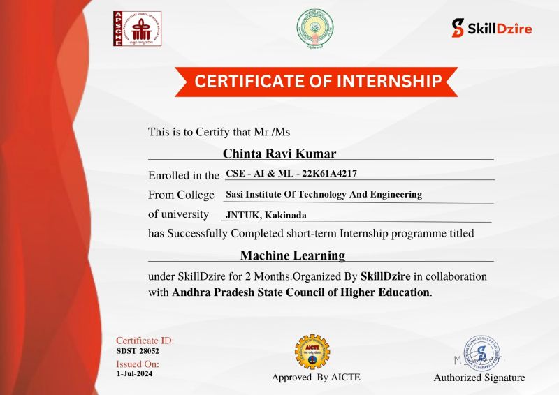 Machine Learning Internship Certificate